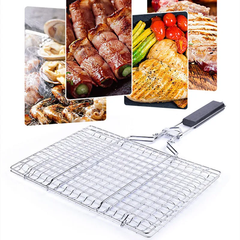 

Removable Handle BBQ Grill Basket Wood Handle Barbecue Meat Rack Folding Stainless Steel Fish Fillet Vegetable Mesh BBQ Tools