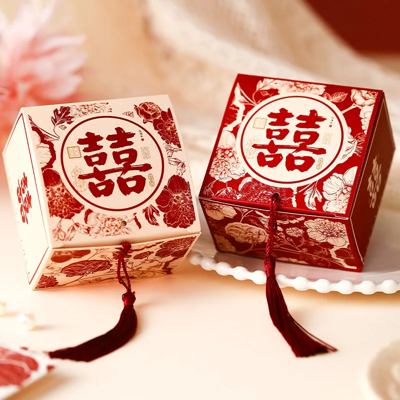 10pcs Retro Red Chinese Style Candy Boxes Wedding Gifts for Guests Mariage Paper Chocolate Packaging Box Boite Gateau Mariage