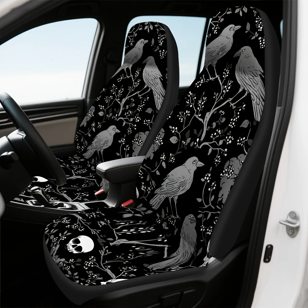 Set Of 2, Gothic Dark Print Skull Raven Decorative Seat Covers For Cars, Made From Comfortable And Washable Material, Designed T