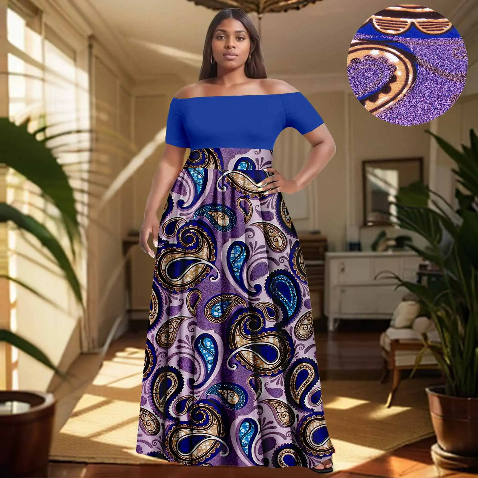 Afripride-African Ankara Women's Dresses Tailored Dashiki Sexy Slash Neck Short Sleeve Patchwork Clash Dress 2425130