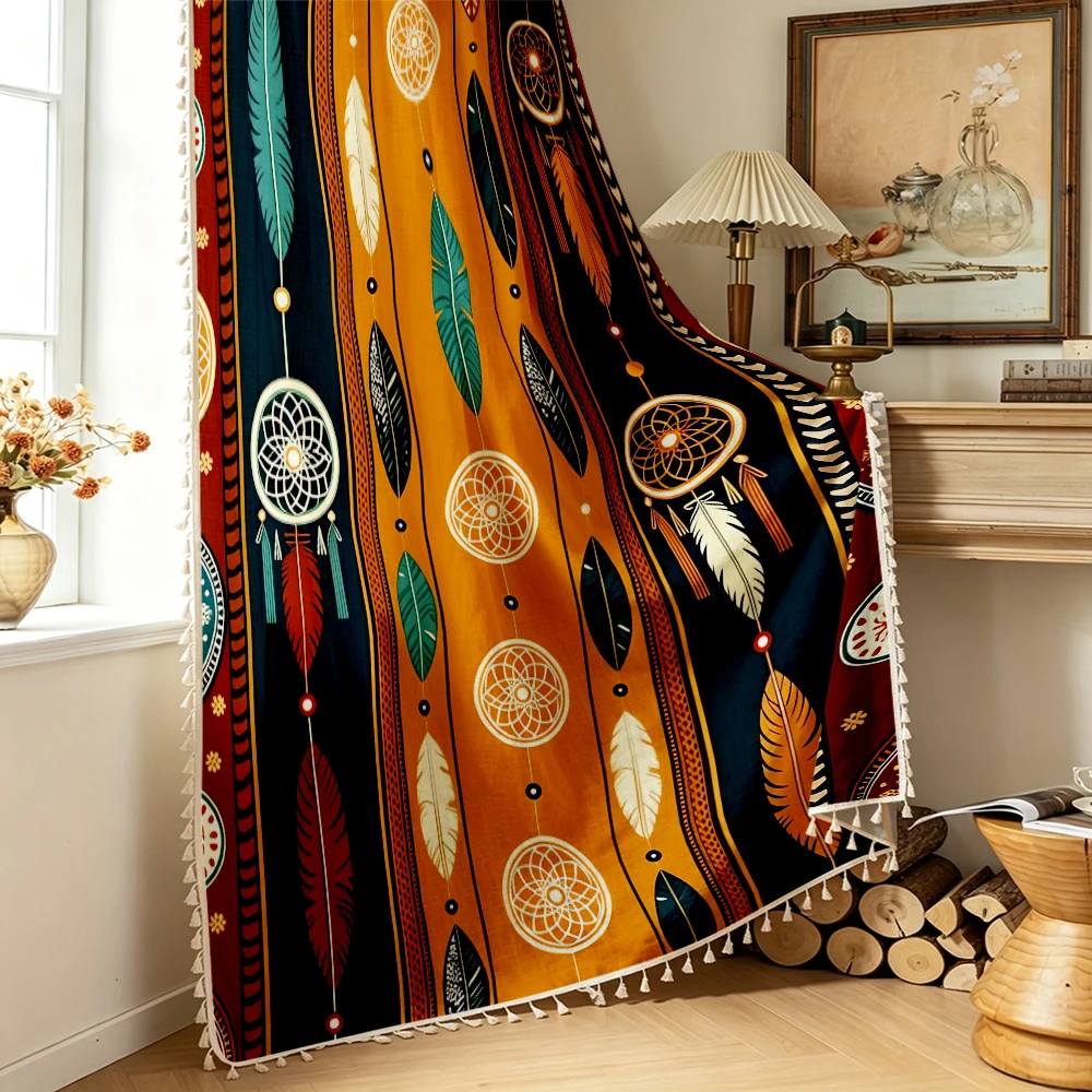 1PC Boho Tassel Sheer Curtain, Dreamcatcher Feather, Digital Print, Linen Polyester, Bedroom, Living Room, Kitchen, Bathroom