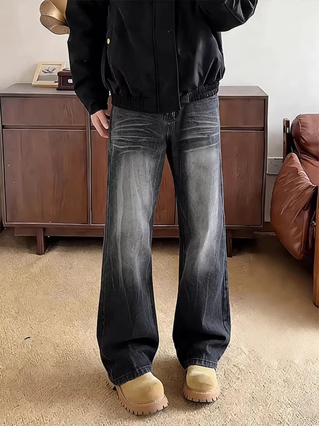 Bla Waed Fce Lined Men's Jeans Spring Summer High Street Straight Leg Cut out Slimming Effect American Sle Casual Pants