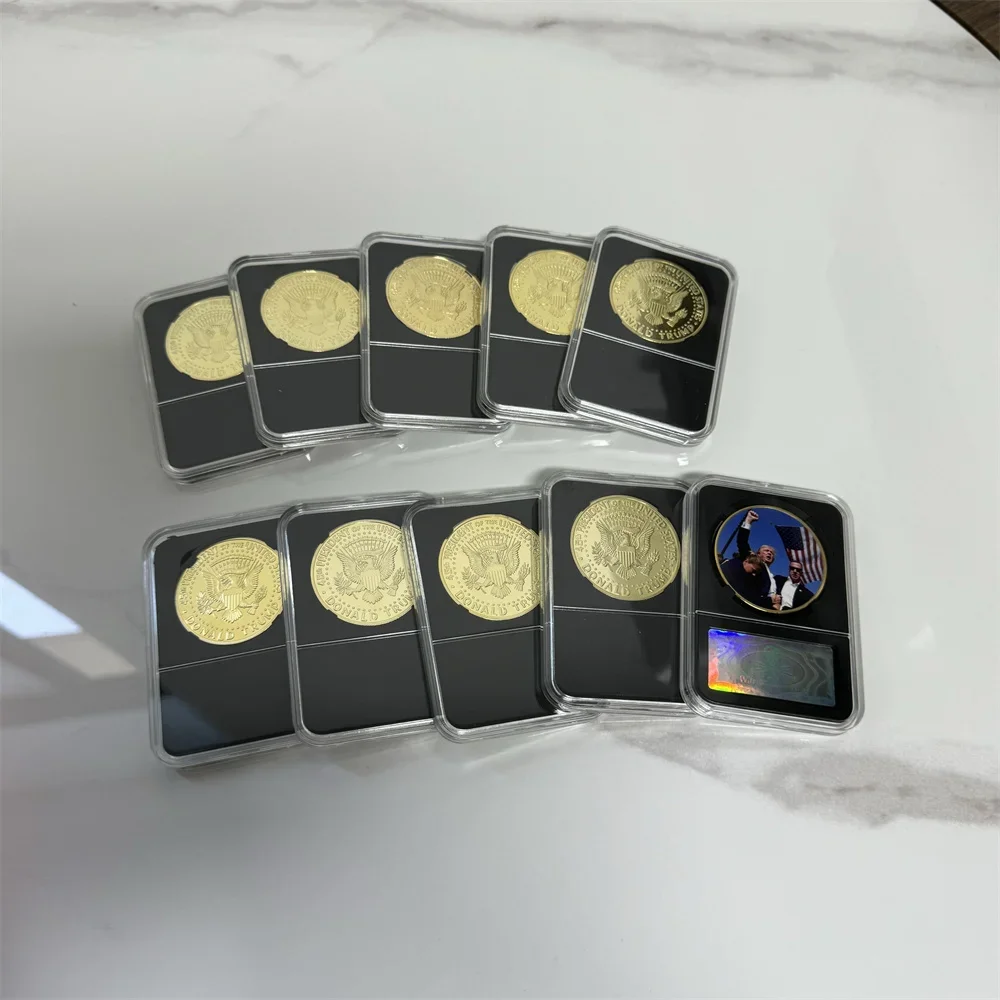 

10pcs Donald Trumb Shooting 2024 Gold Plated Coins Includes anti-counter Silver commemorative Coin badge in case