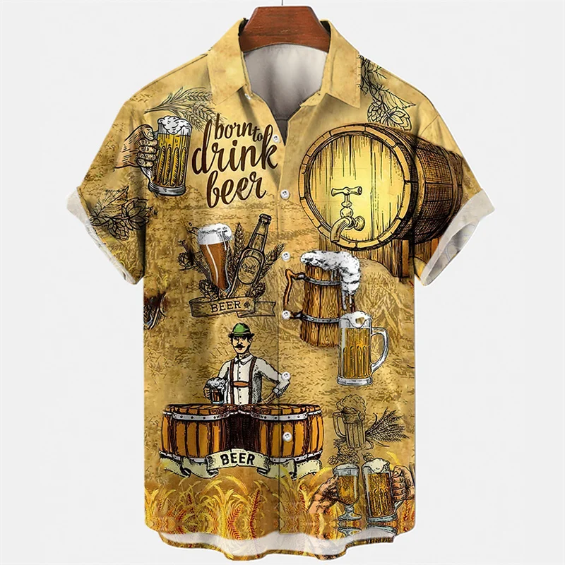 Men Short Sleeve Hawaiian Shirts 3D Print Beer Wine Graphic Beach Shirts Summer Casual Short Sleeve Button Down Tee Shirt Tops