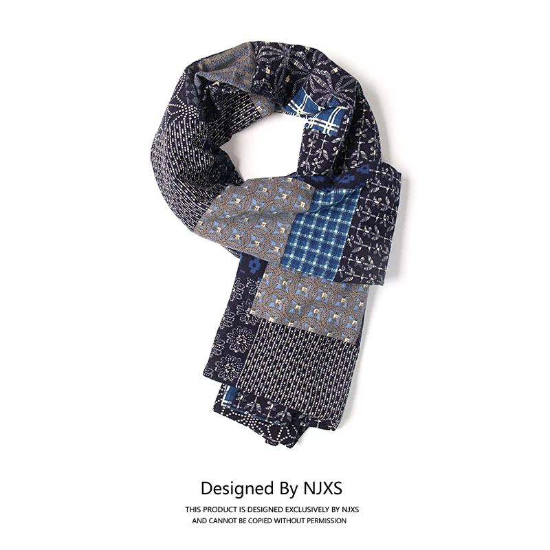Retro Indigo Dyed Japanese Style Patchwork Cotton Linen Scarf Warm Ethnic Rectangle Unisex Spring Autumn Winter Scarf