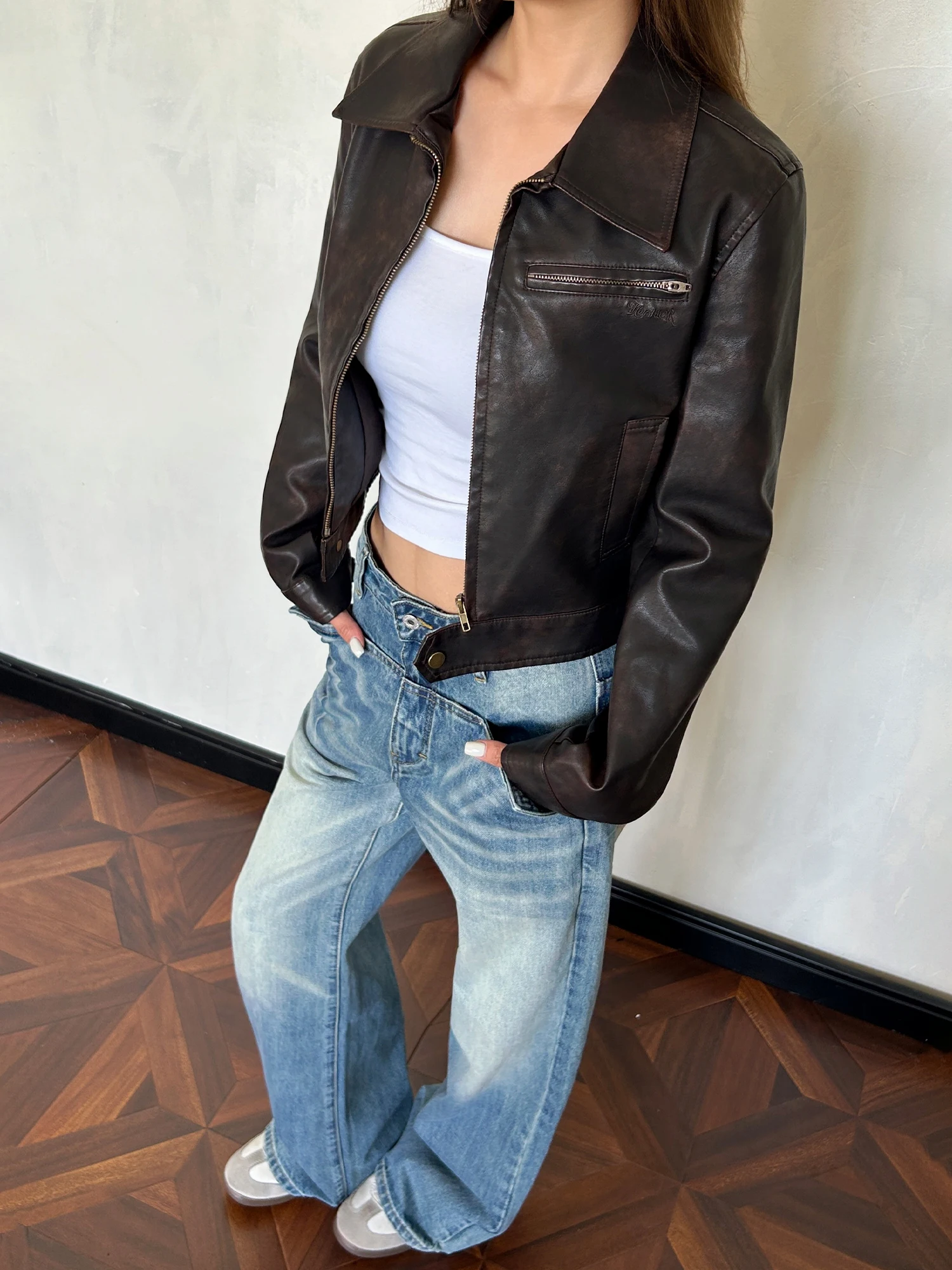 

American Retro Cool Leather Jaet Stand Collar Slim Fit ort Motorcycle Jaet Top for Trendy Girls Polyester Long Sve Z...