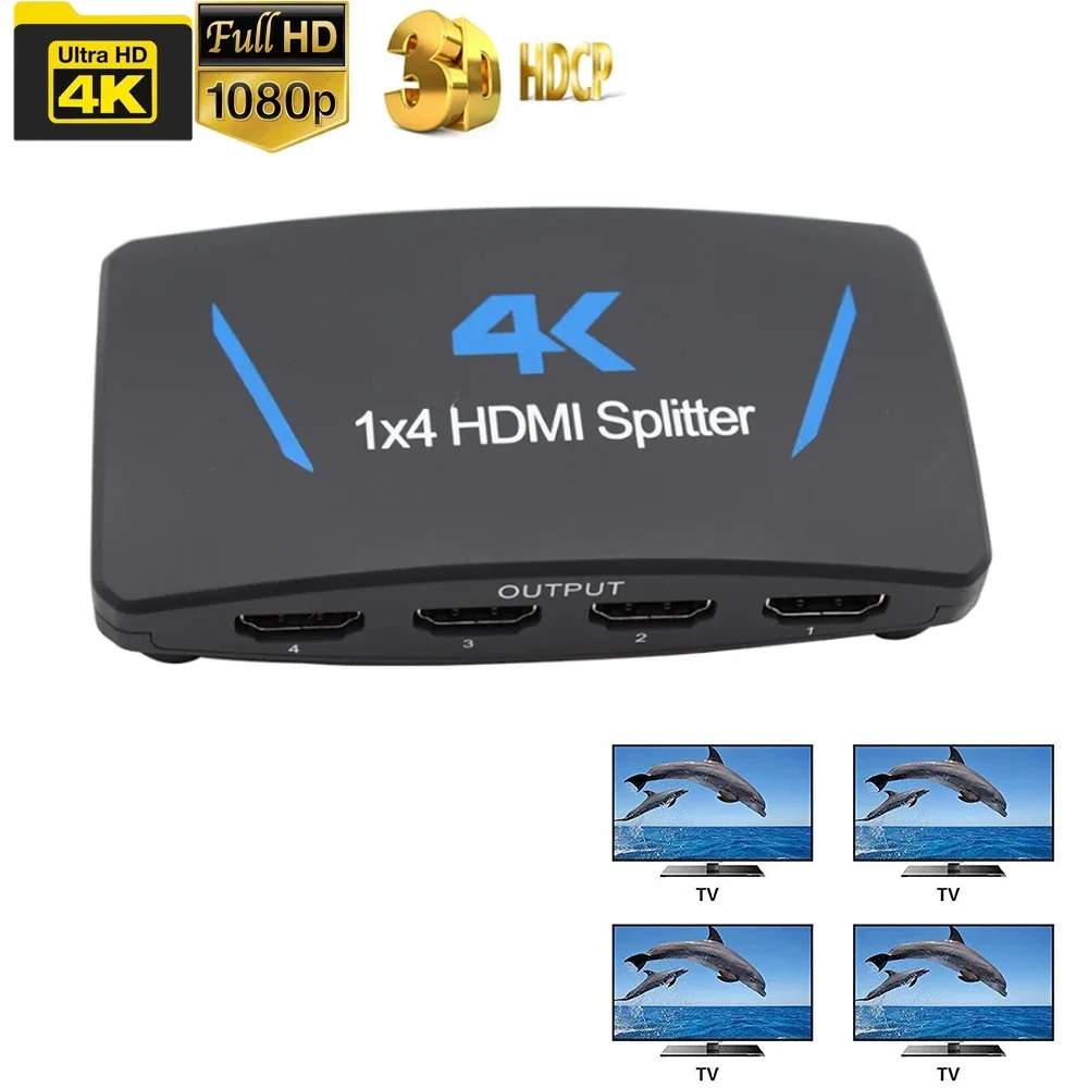 1 in 4 out Full HD 4K 1080P Video Switch HDMI-compatible Splitter 1x4 Switcher Amplifier Adapter For HDMI DVD PS3 Xbox