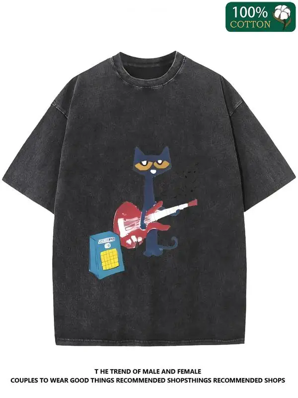 

Men's Fashion Washed Cotton T-Shirt, Printed Letters, Vintage Print, Distressed Style, Short Sleeve Round Neck, Washed T-Shirt