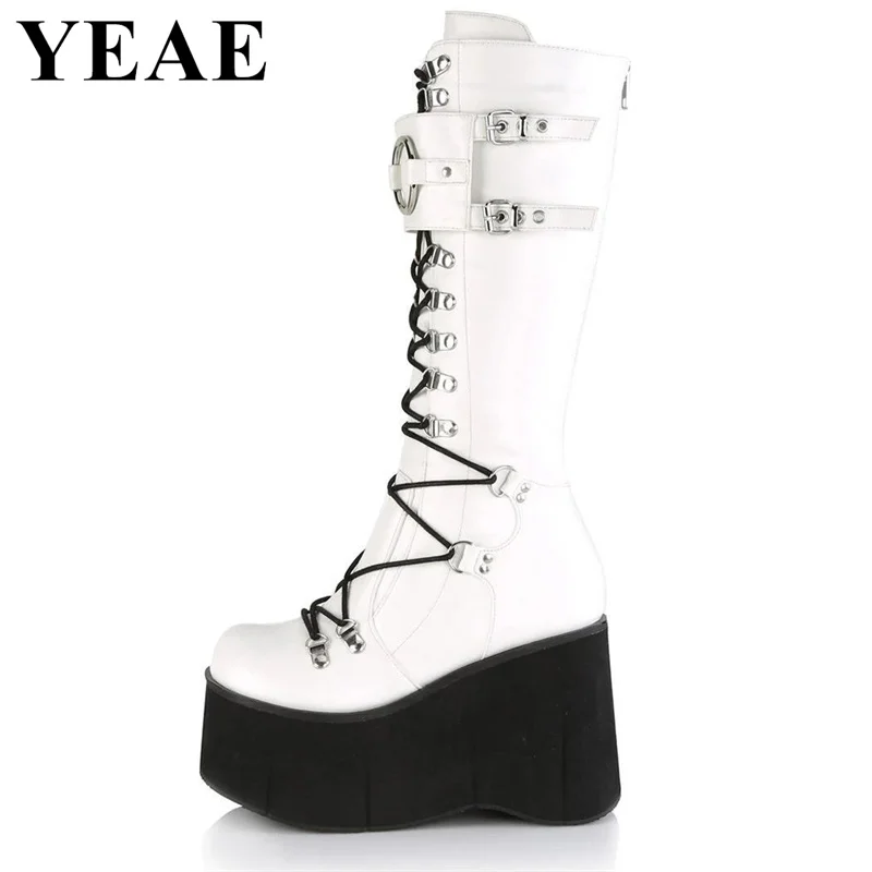 Thick Sole Cross-tied Mid Calf Boots Women Platform Wedges Gothic Shoes Super High Heel Black White Sexy Knight Boots Large Size