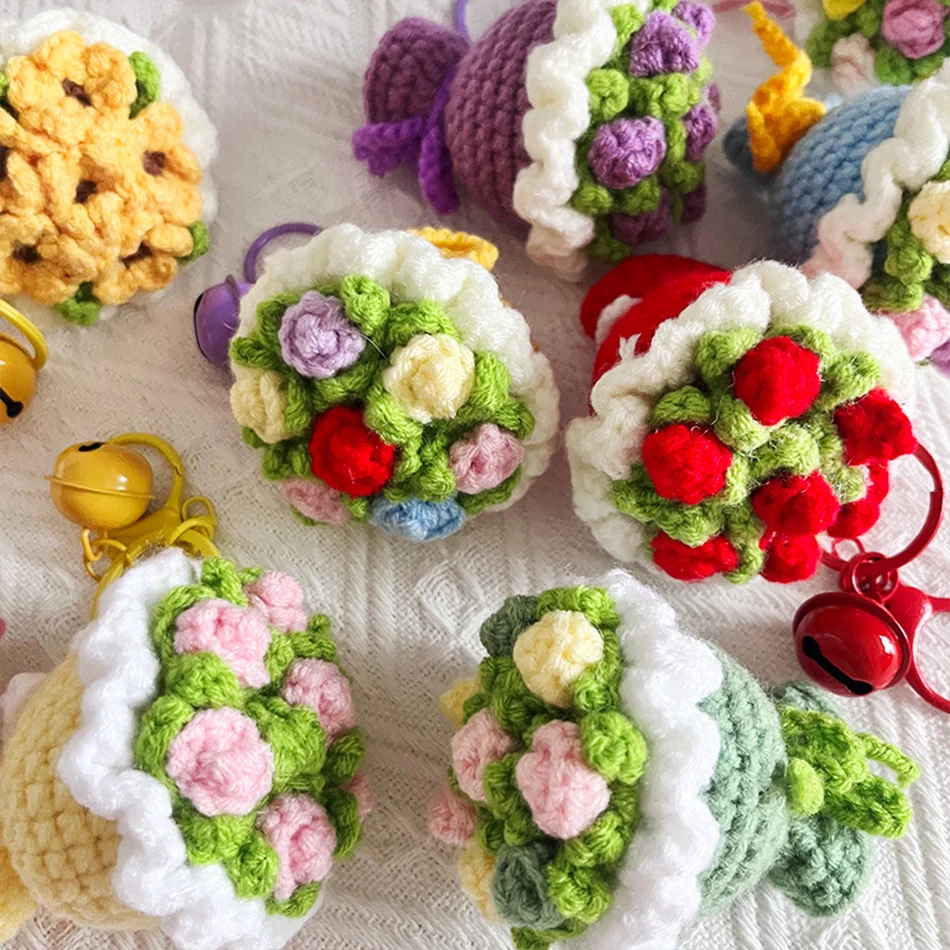 Handmade Multicolor Crochet Flower Bouquet Keychain Eternal Rose Charm Knitted Mini Yarn Flower Bag Pendant Unique Birthday Gift