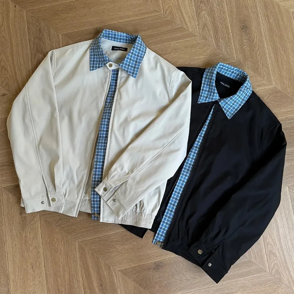 

Khaki Miu Plaid Patchwork Harrington Jaet Men Women ort Sle Autumn Old Money Sle Outerwear Spor Polyester Long Sve