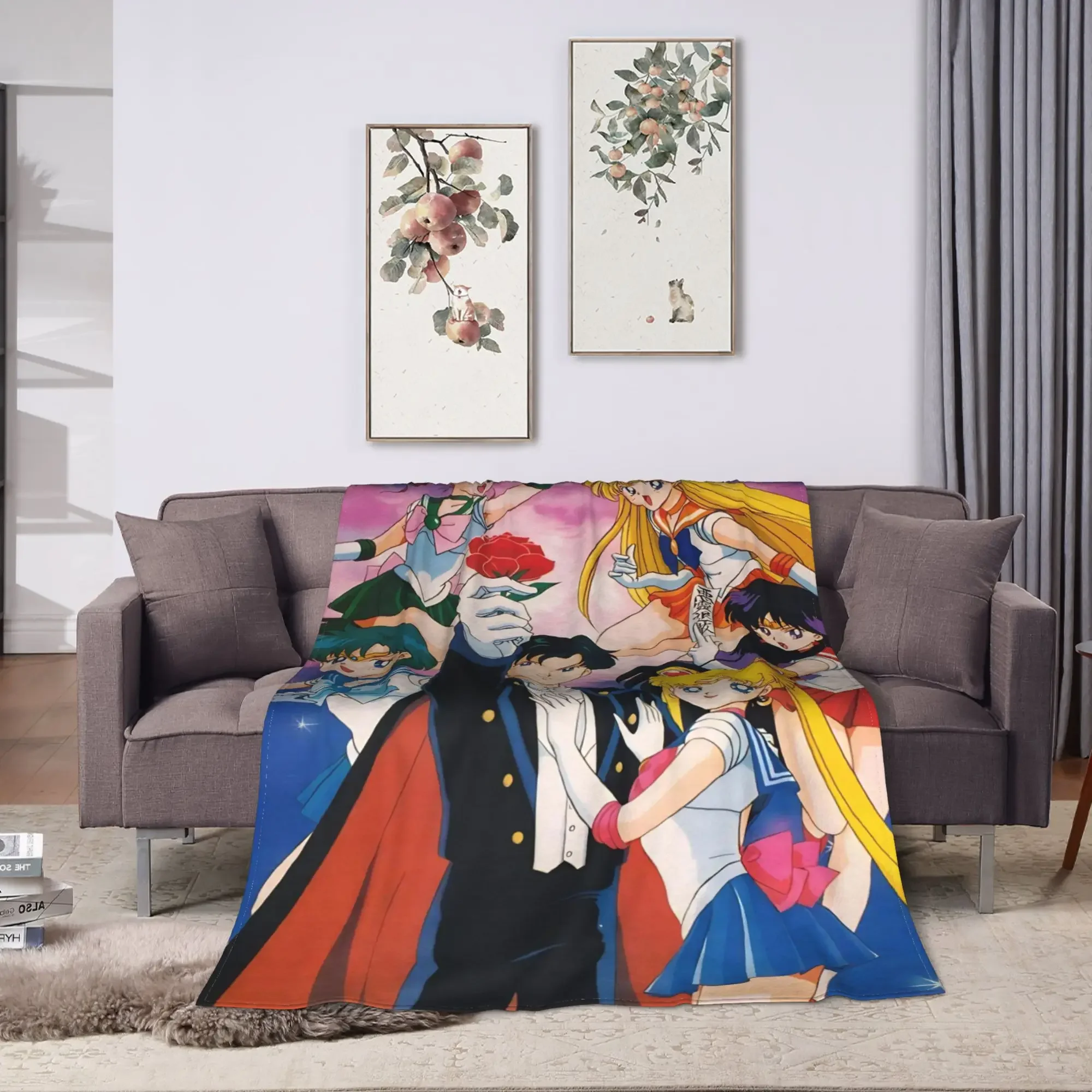 Custom S-SAILOR Anime M-MOON Flannel Blanket Winter Warm Bedding Throws For Kids Home Decor Graphic Bedspread Sofa Bed Cover