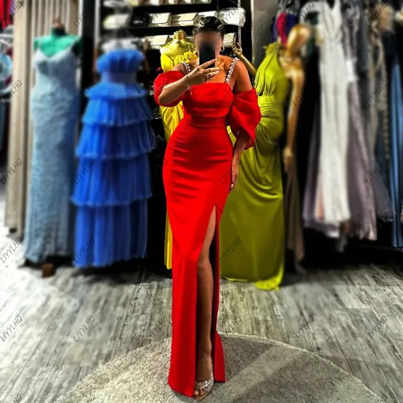 Sexy Hot Red Side Split Prom Dresses Shinning Crastal Pleat Spaghetti Strap Mermaid Evening Dress Wedding Party Dresses