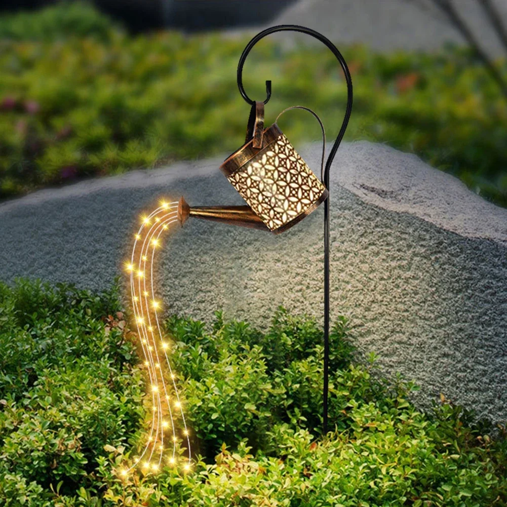 

LED Solar Watering Can Light Hanging Kettle Lantern Light Hollow Wrought Iron Star Shower Lamp Outdoor Waterproof Garden Decor