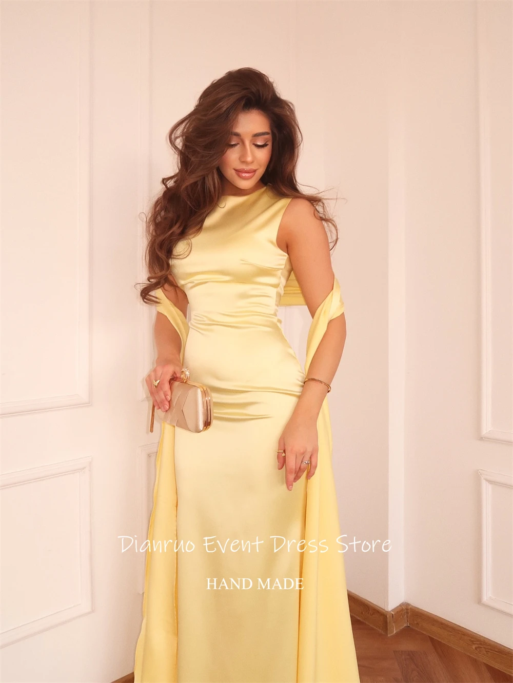 Dianruo-vestido de noche amarillo sin mangas, vestidos de fiesta de sirena de satén hasta el suelo, vestidos de desfile sin mangas para mujer personalizados