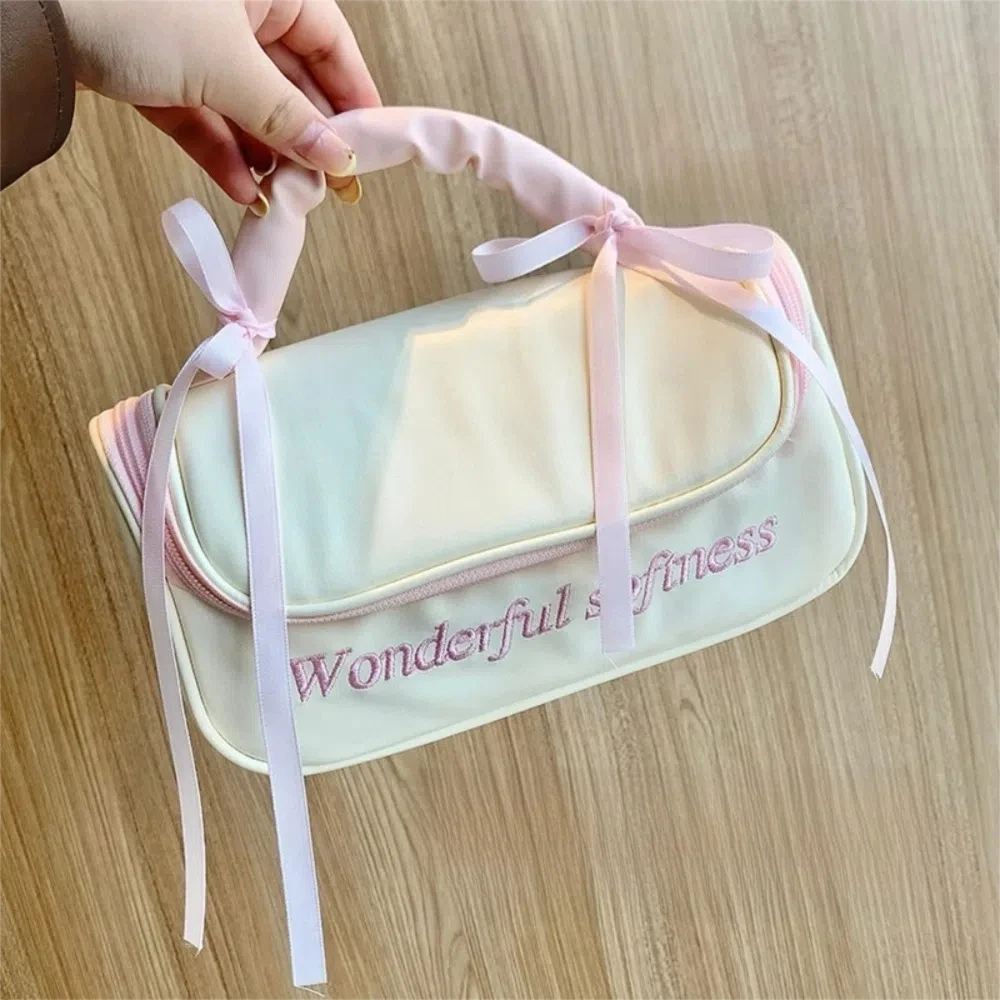 

PU Leather Women's Makeup Bag Waterproof Ballet Style Bowknot Cosmetic Bag Handheld Handbag Washing Storage Bag Travel