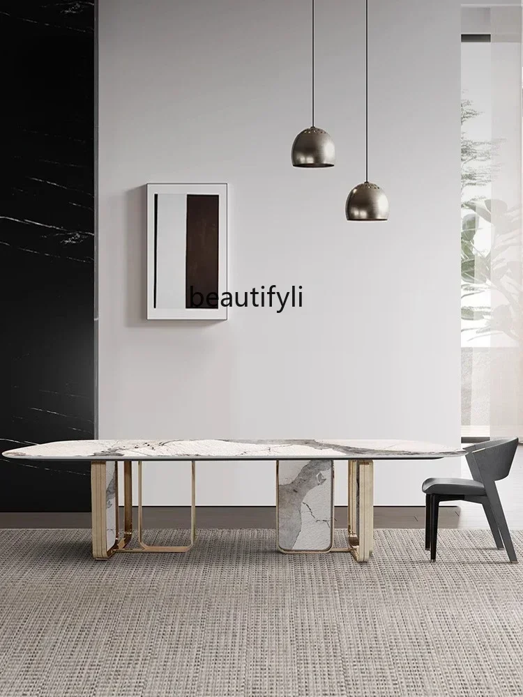 C45  Italian rectangular bright rock slab dining table modern Pandora luxury stone dining table and chair combination