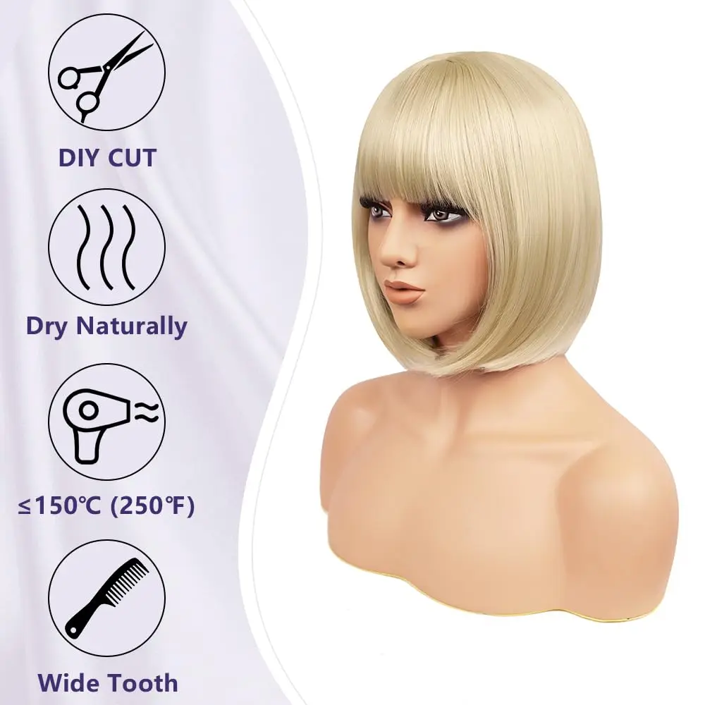 Golden short bob hairstyle synthetic wig - Halloween party wig for cosplay role-playing - Daily party headband for wearing