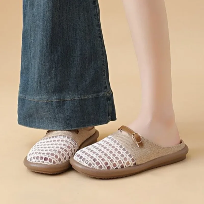 Round Head Breathable Non-slip Line Button Fishnet Shoes Ladies Shoes Cheap Fashion Flat Sandals New Summer
