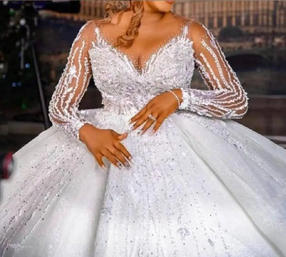 Customized Custom Long Sleeve Trailing Super Fairy Plus Size Wedding Dress Shinning Big Gown Robe De Mariage