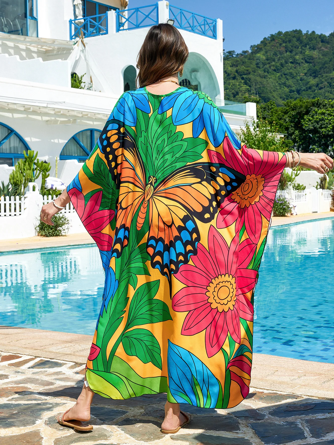 Summer Dresses for Women Butterfly Flower Printed Plus Size Swimsuit Cover Up Beach Vacation Clothes Moomoo Nightgowns Holiday