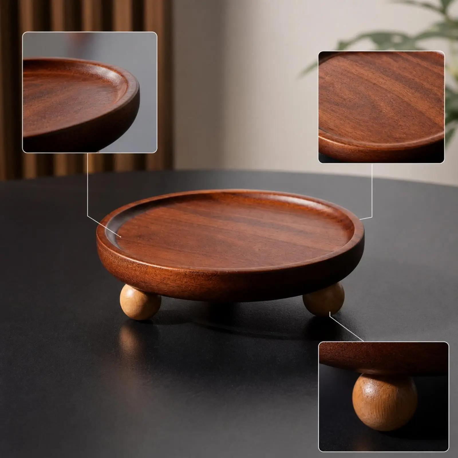 Rustic Round Wooden Serving Tray Polished Acacia Raised Feet Decorative Tray for Living Room Display