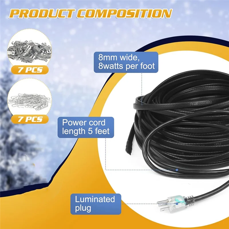 ALIM-ヒートテープ、除氷ヒートケーブルセットキット、パイプ凍結防止水道管ヒートケーブルキット（取り付けバックル付き）、米国プラグ
