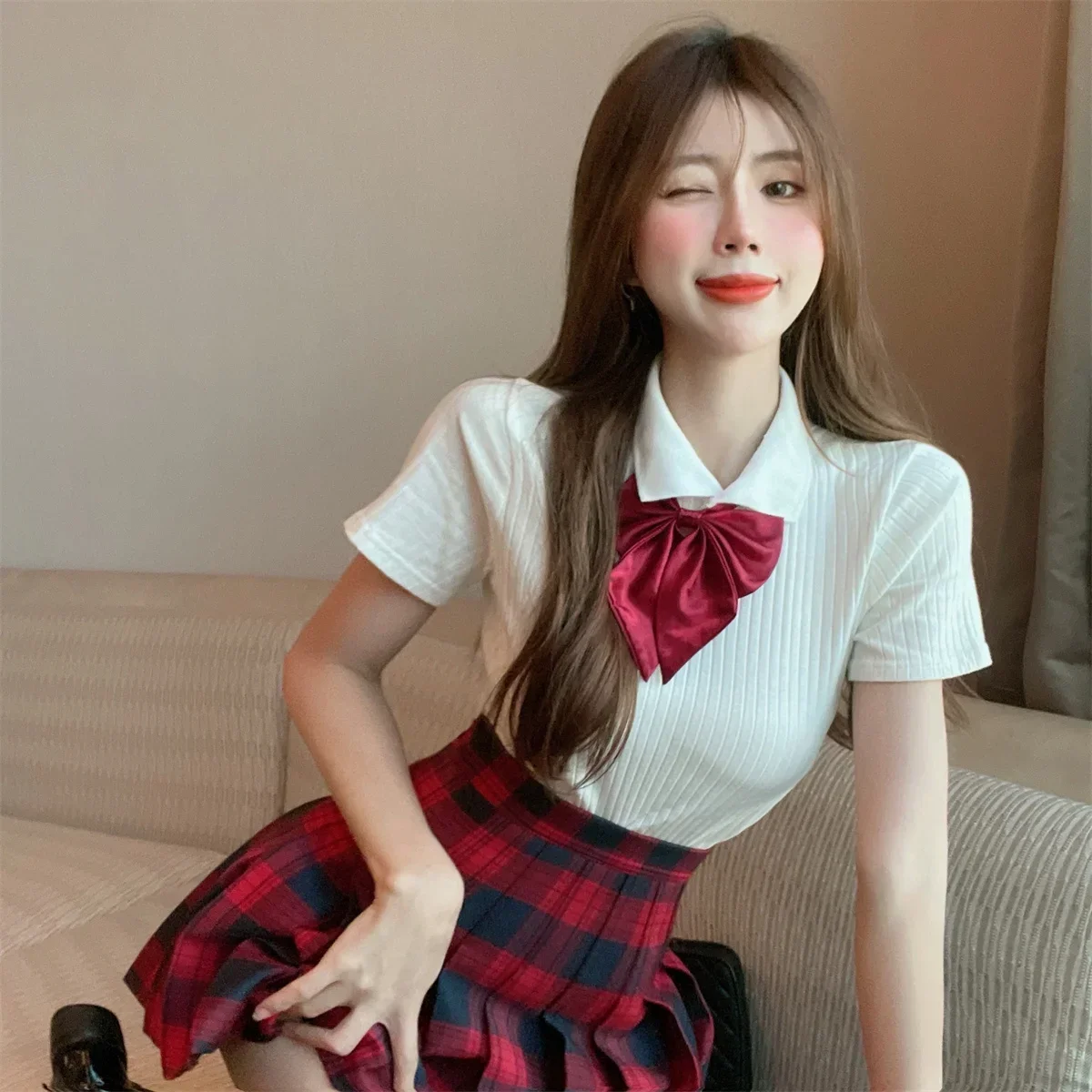 Pure and Sweet Academy Style JK Set Polo Collar Bow Short Top+High Waist Checkered pleated Skirt Two Piece Set