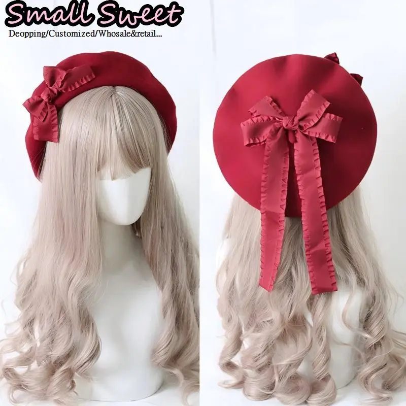 Japanese Sweet Kawaii Style Women Handmade Vintage Wool Cotton Satin Ribbon Ruffle Bow Painter Beret Winter Cozy Warm Hat