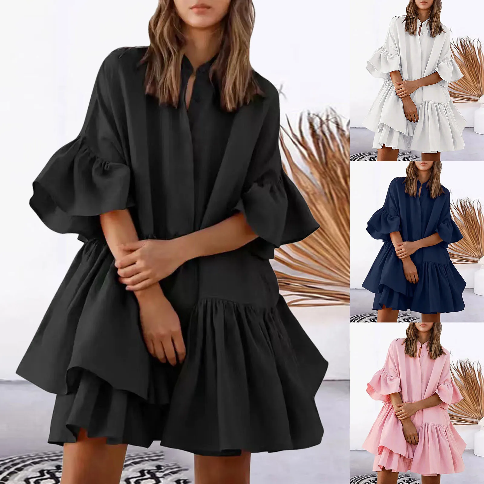 

Half Sleeve Ladies Dresses Tiered Ruffle Layer Summer Dresses Single Breasted Ruffle Cuff Casual Dresses For Fine Women Vestidos