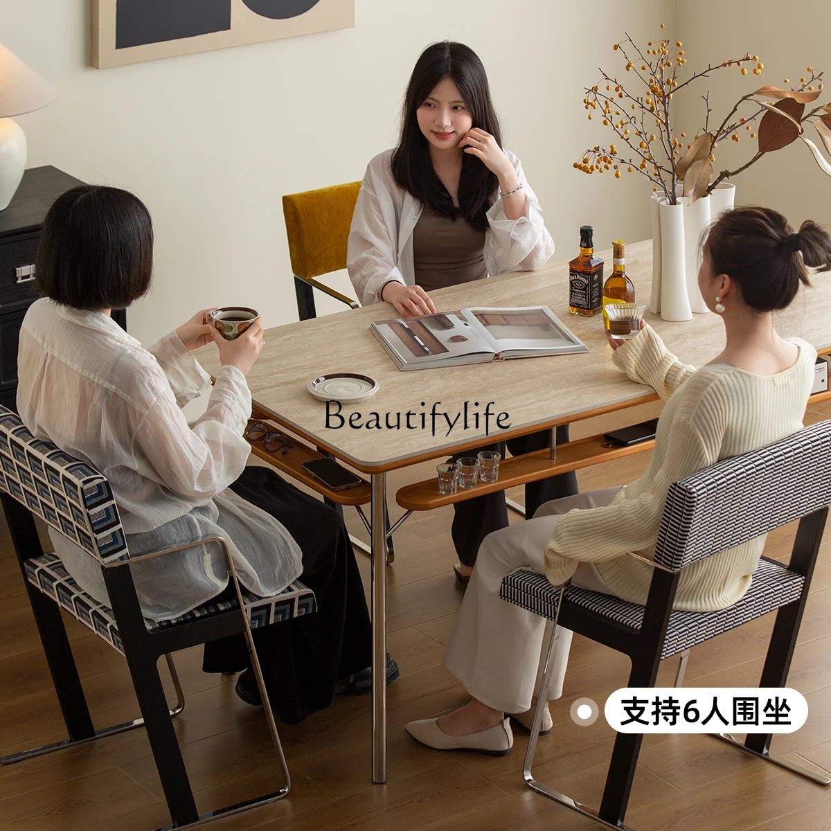 Medieval ash wood table living room household rectangular solid wood rock slab dining table