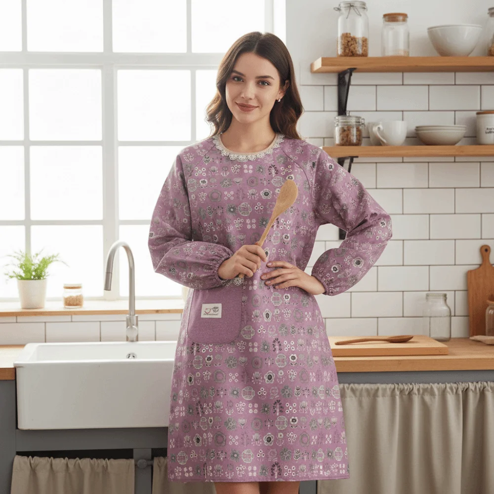 

2Pcs Canvas Kitchen Cooking Apron Protective Breathable Suspender Work Dress Back Lace Up Household Long Sleeve Apron