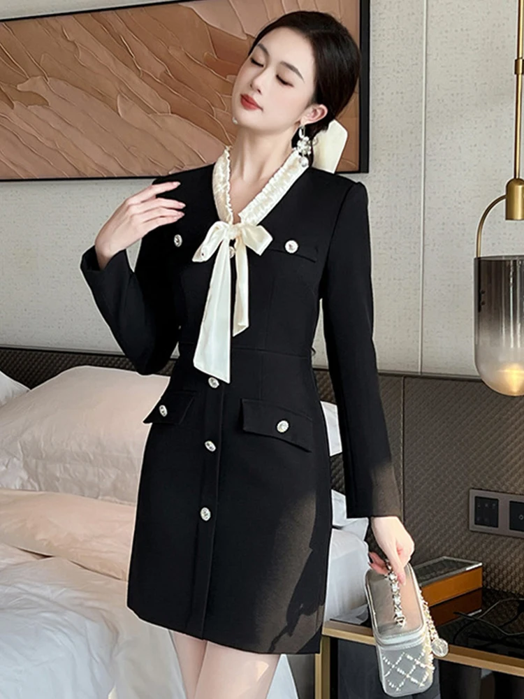 Ropa de mujer Vintage ocasión Formal negro arco cuello ajustado Mini vestido de tubo corto elegante señoras viaje moda Vestidos de fiesta