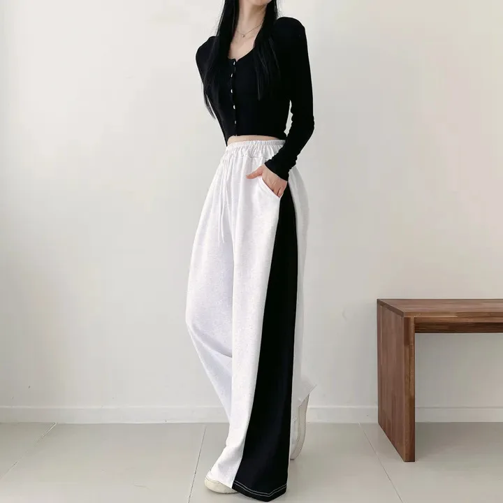 Autumn High Waist Cotton New Gray Wide Leg Trousers Women's Plus Size Casual Sports Straight Leg Pants Loose Trendy Long Pants