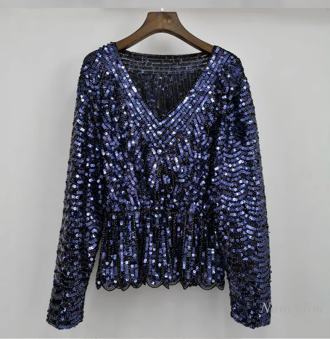 

Party New Heavy Handmade Bling Gorgeous Beaded Sequins Batwing Sleeve Top for Women Slimming Blue T-Shirt Night-Club Y2k Top