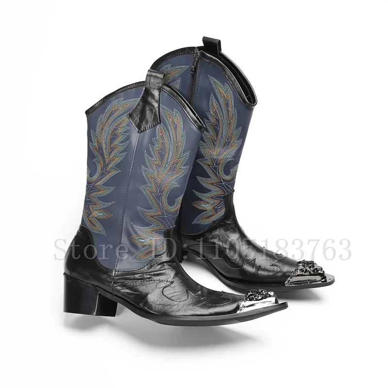 

Luxury Design Embroidery Patchwork Men Mid Calf Boots Brand New Handmade Metal Pointed Toe Chunky Heels Cowboy Boots