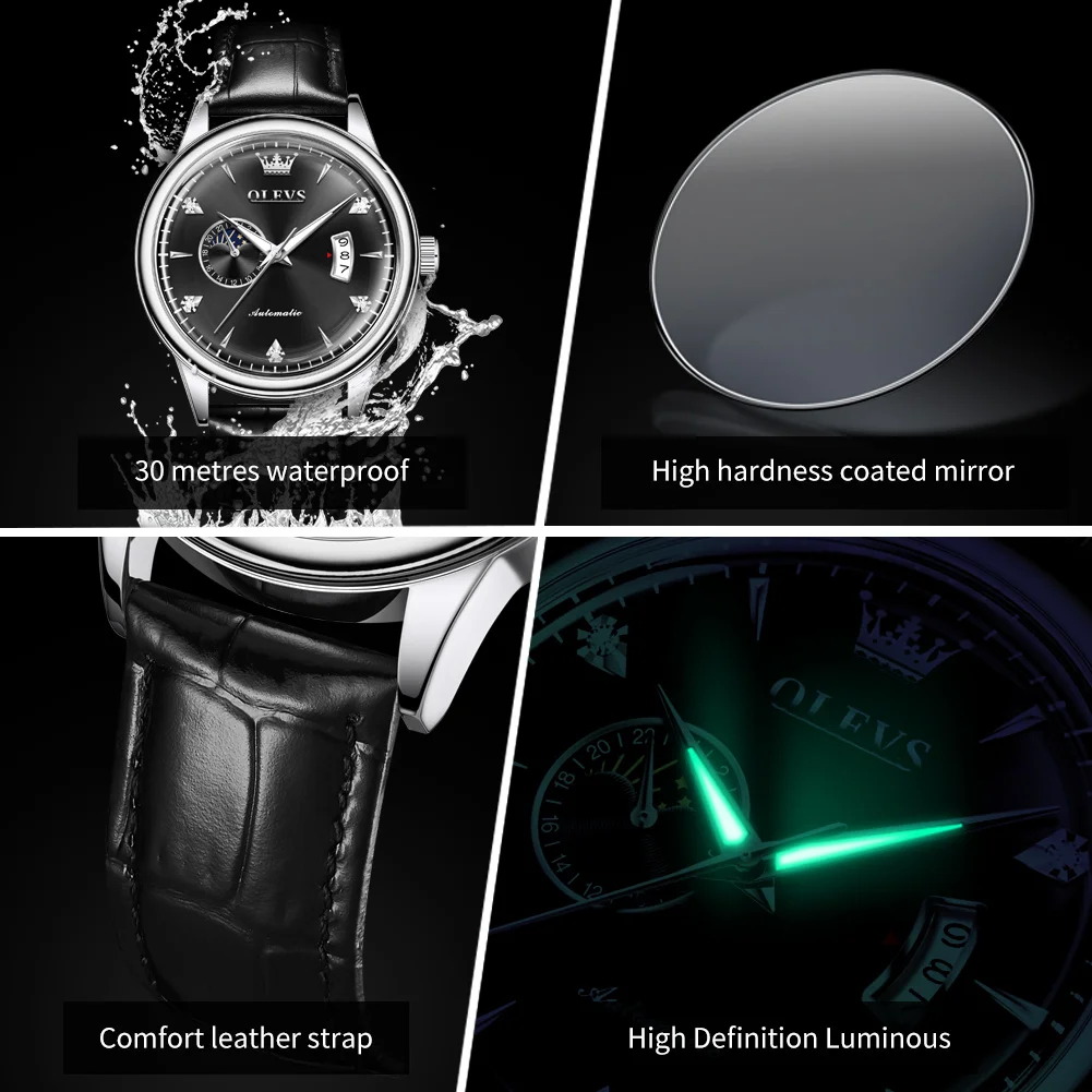OLEVS 7040 24h القمر المرحلة ساعة رجالي مقاوم للماء حزام من الجلد الساعات الطلب البسيط التقويم التلقائي الميكانيكية ساعة رجالي #5