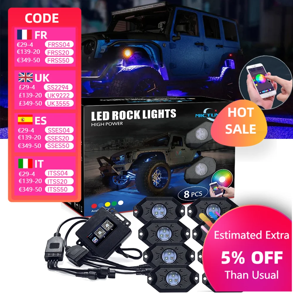 

MICTUNING CM Модернизированные 8-струбные светодиодные декоративные лампы RGB Rock Lights с беспроводным управлением через приложение Музыкальный режим Многоцветный комплект неоновых ламп