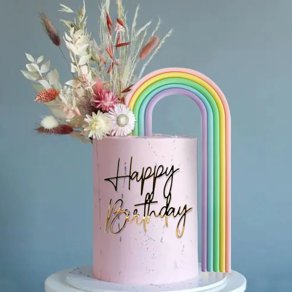 2pcs Boho Rainbow Party Happy Birthday Cake Toppers for Boho Rainbow Birthday Girls Baby Shower Birthday Party Cake Decorations