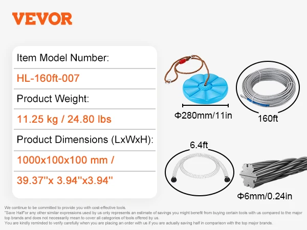 VEVOR Tyrolienne pour Enfants et Adultes 48,8 m Kit de Tyrolienne Complet Charge 227 kg Configuration Facile avec ein à Ressort Ceinture et Harnais de Sécurité pour Jardin Arrière-cour Extérieur  1420