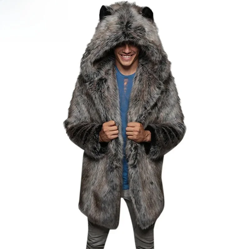 

Men's Faux Long Sleeve Hooded Thick Warm Jackets Male Plush Fluffy Cardigan Casual Parka Snow Wear Winter Fur Coat