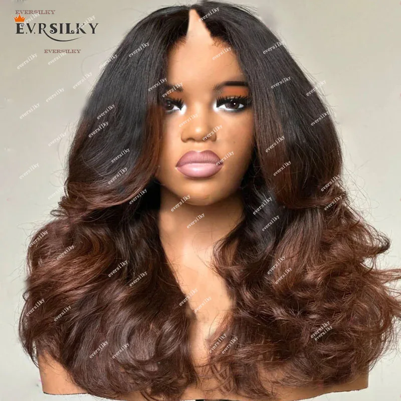 Ombre Dark Brown Wavy Human Hair V /U Part Wigs for Black Women Glueless Ash Blonde 250Density Full Machine Made Wigs Easy Wear