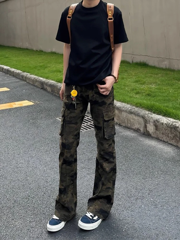 

American Retro Camouflage Flared Work Pants Men Summer Thin High Street Vibe Cleanfit Jeans Long Pants Youth Trendy Wear Resi...