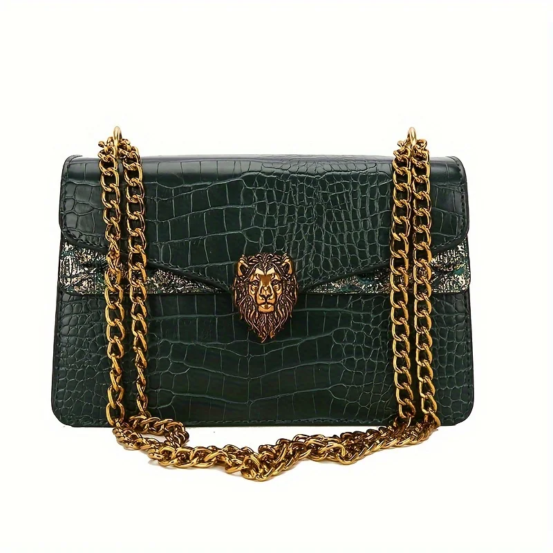 Classic Niche Design Mini Square Shoulder Bag Fully Equipped with Fashionable Clamshell Lion Button Decorated Chain Bag