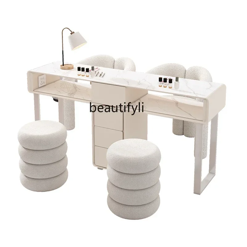 

Cream wind all solid wood manicure table and chair set Japanese rock slab single double tempered glass