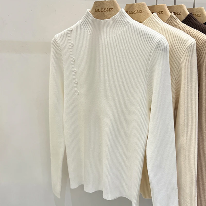 2024 Autumn/Winter New Fashionable Sweater Elegant White Slim Fit Inner Bottom Sweater Casual Button Knitted Pullover Tops