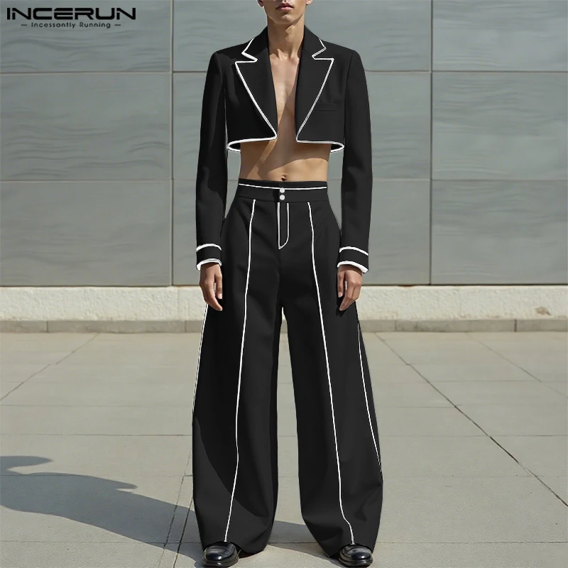 INCERUN Men Sets Patchwork Loose Long Sleeve Crop Blazer & Pants Two Pieces Sets Streetwear 2025 Fashion Casual Men's Suits