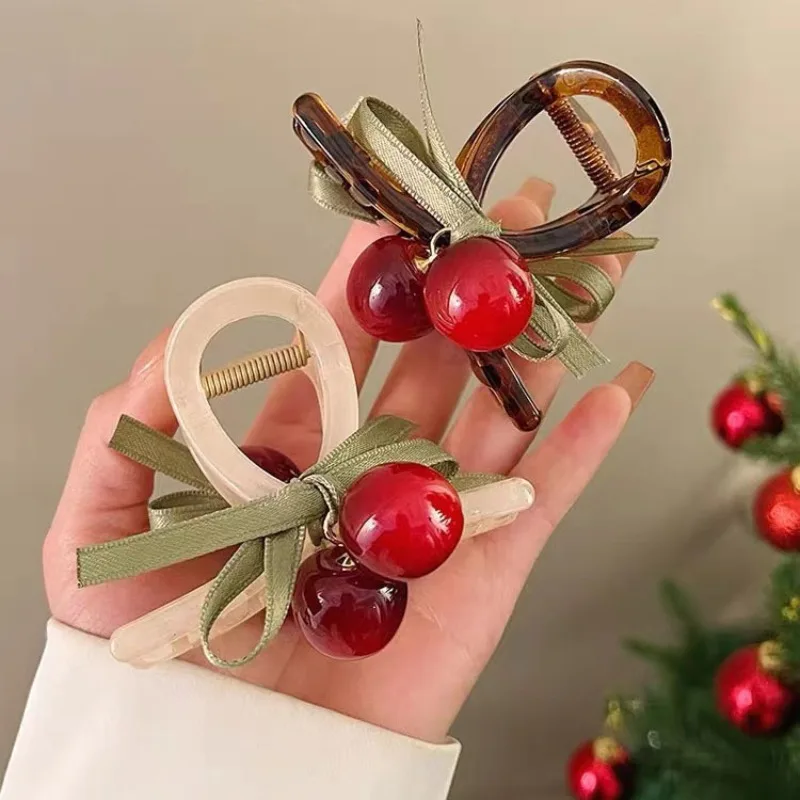 Cute Cherry Hair Claw Clip with Green Ribbon Bow Non Slip Jaw Clip Lovely Daily Hair Accessory for Girls Hairstyle Decoration