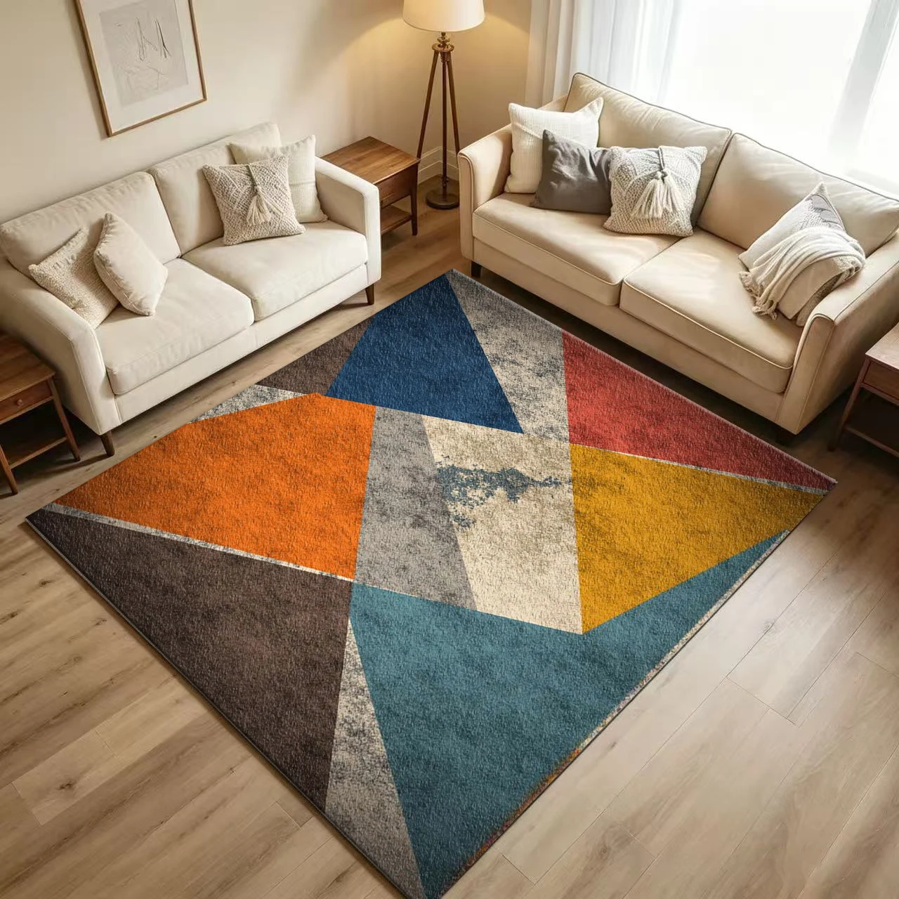 Retro Distressed Geometric Triangle Carpet Flooring Vintage Multi‑Color Fragment Splicing Printed Floor Rug for Household Indoor Home Artistic Decoration