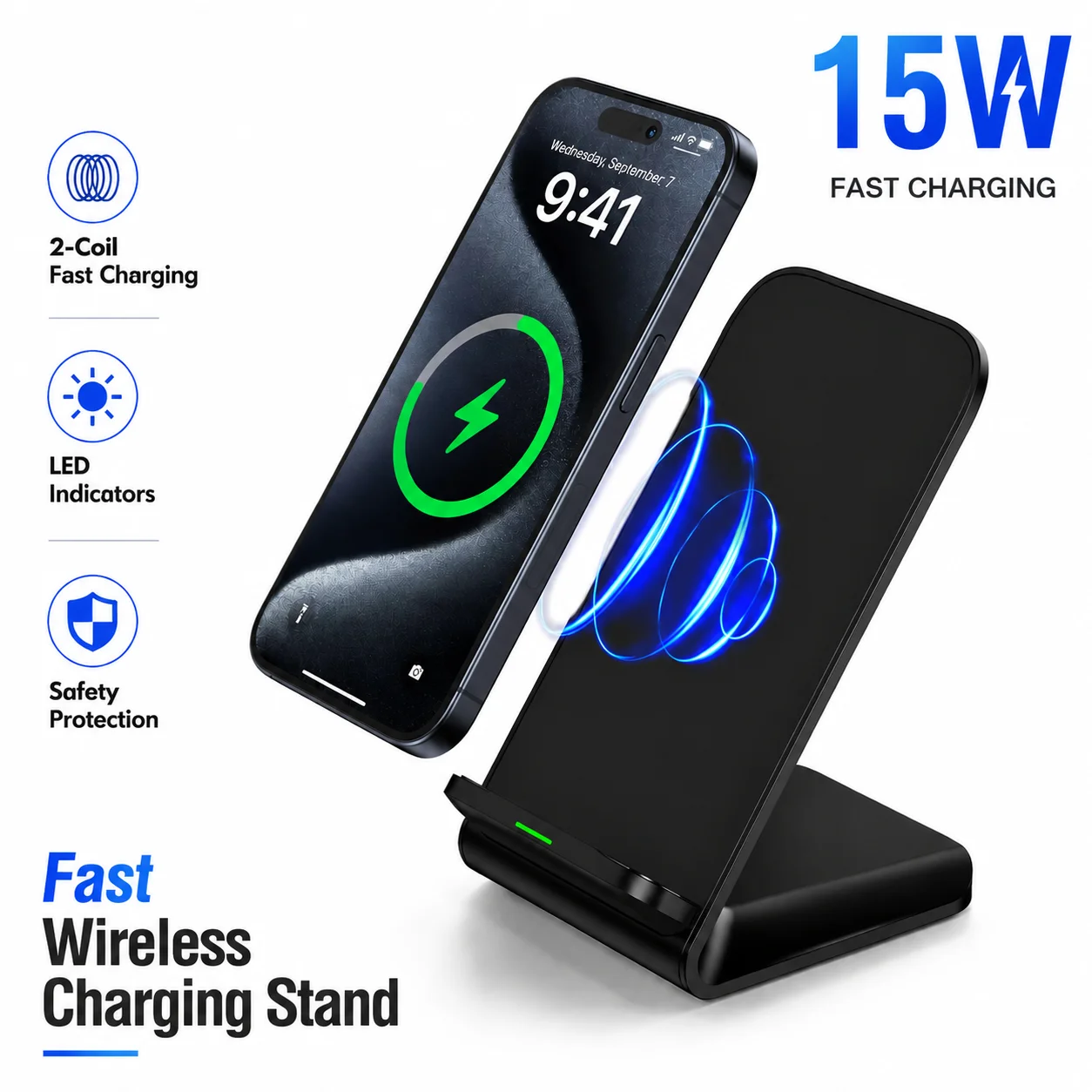 15W Wireless Charger Phone Holder Desk Fast Charging Charger Station for iPhone12-17,Samsung Galaxy S24-20 Xiaomi HUAWEI Android